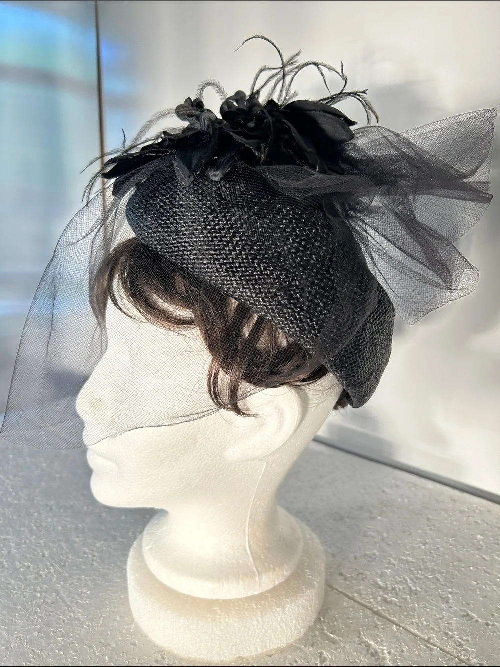 Fedoria Vintage Black Veiled Fascinator Hat Floral Accent Formal 40s -60s Derby